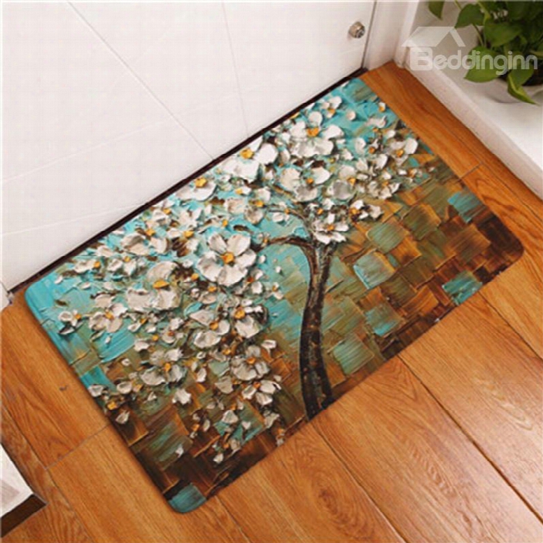 16␔24in White Flowers Oil Painting Flannel Water Absorption Soft And Nonslip Bath Rug/mat