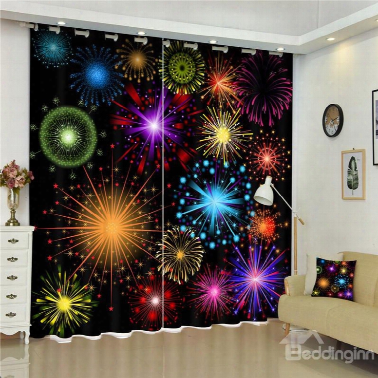 3d Blooming Colorful Fireworks Printed Thick Polyester Dust-proof And Water-proof Curtain