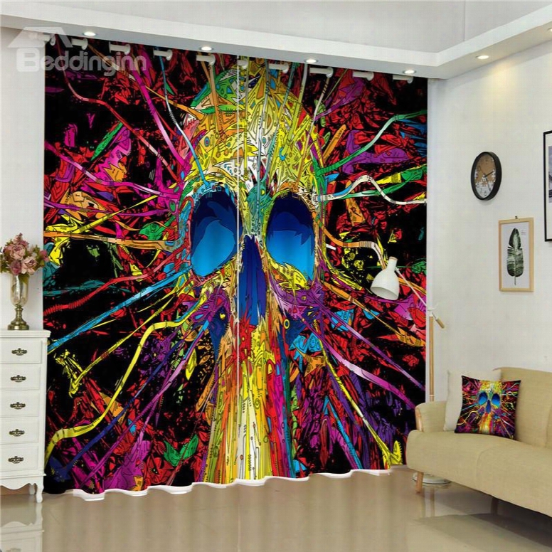 3d Brilliantly Colored Skull Printed Amazing Scenery 2 Panels Decorative And Blackout Curtain