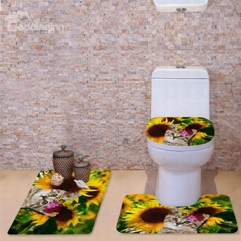 3d Cat In Sunflowers Sea Printed Flannel 3-piece Toilet Seat Cover