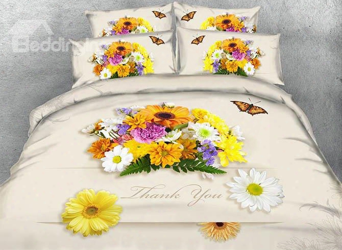 3d Colorful Daisies And Butterfly Printed 4-piece Bedding Sets