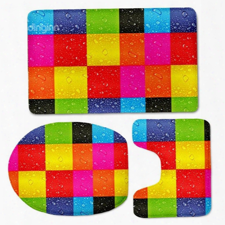 3d Colorful Grid Pattern Flannel 3-piece Toilet Seat Cover
