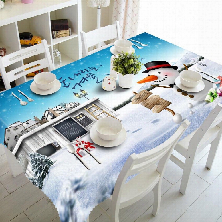 3d Cute Snowman And His Castles Printed Thick Polyester Home Hotel Table Cover