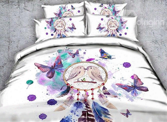 3d Dream Catcher And Butterfly Printed Cotton 4-piece White Bedding Sets/duvet Covers