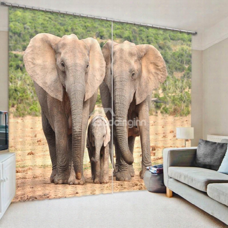 3d Elephant Family In The Grassland Printed Decorative And Blackout Polyester Curtain