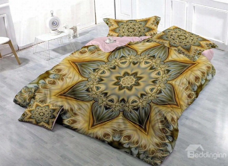 3d Golden Floral Printed Cotton 4-piece Bedding Sets/duvet Cocers