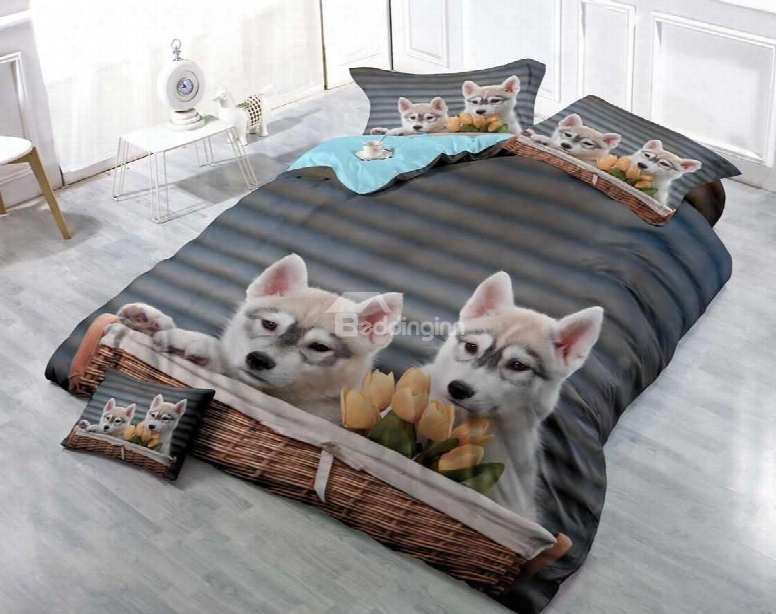 3d Husky Puppies Printed Cotton 4-piece Luxury Bedding Sets/duvet Covers