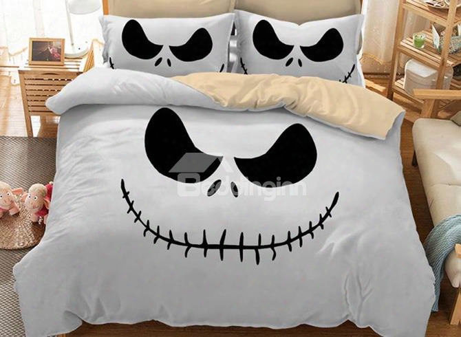 3d Jack Face Printed Polyester 3-piece White Halloween Bedding Sets/duvet Covers