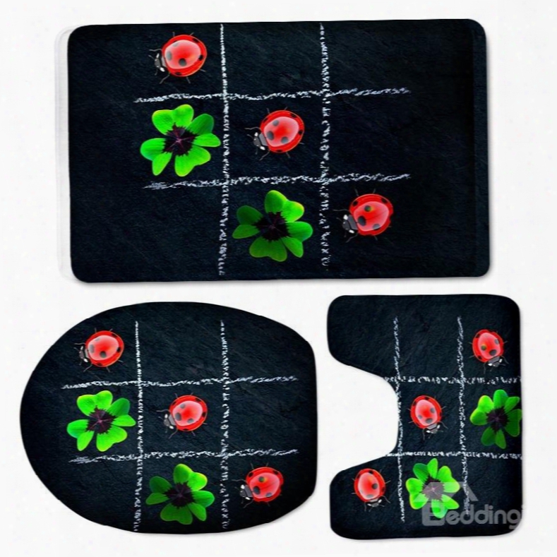 3d Ladybirds And Clovers Printed Flannel 3-piece Toilet Seat Cover