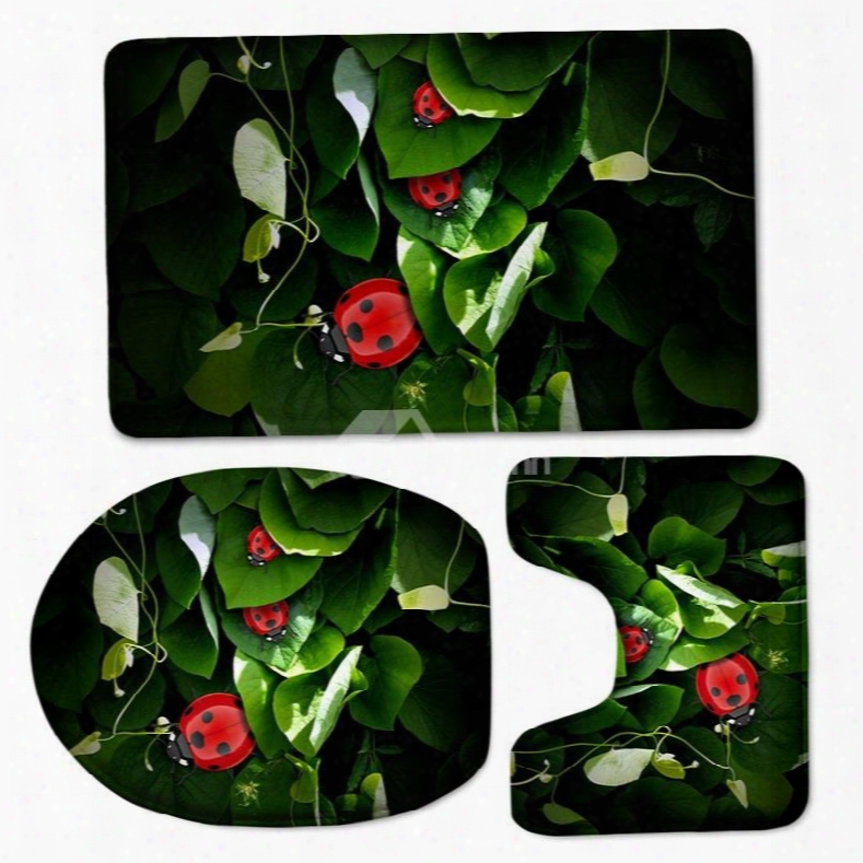 3d Ladybirds On Green Leaves Printed Flannel 3-piece Toilet Seat Cover