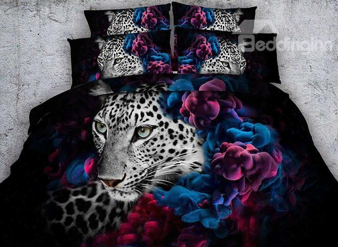 3d Leopard And Floral Printed Cotton 4-piece Black Bedding Sets/duvet Covers