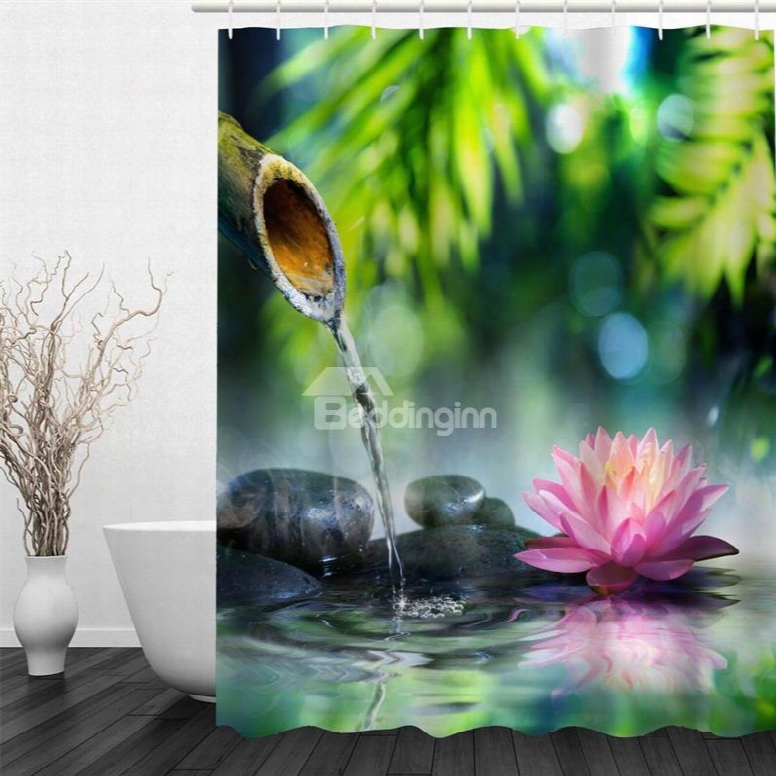 3d Lotus And Stones Pattern Polyester Waterproof And Eco-friendly Shower Curtain