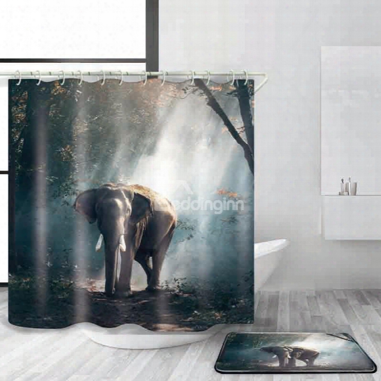 3d Mouldproof Elephant In Forest Printed Polyester Bathroom Shower Curtain