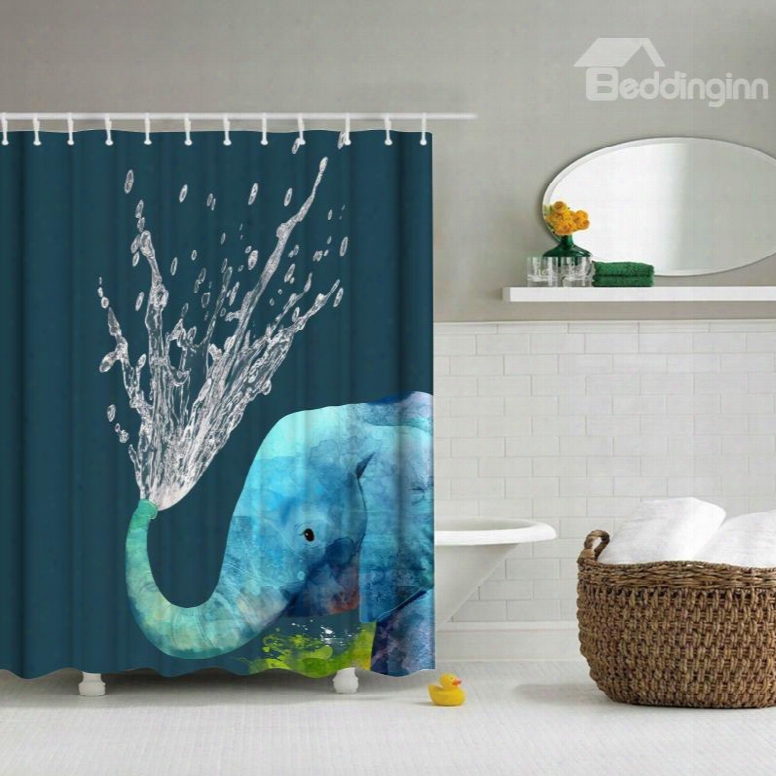3d Mouldproof Water-spraying Elephant Printed Polyester Blue Bathroom Shower Curtain