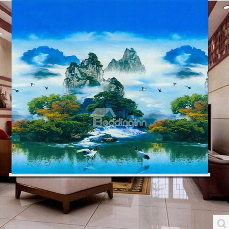 3d Mountains And Clouds With Cranes Printed Natural Style Polyester Curtain Roller Shade