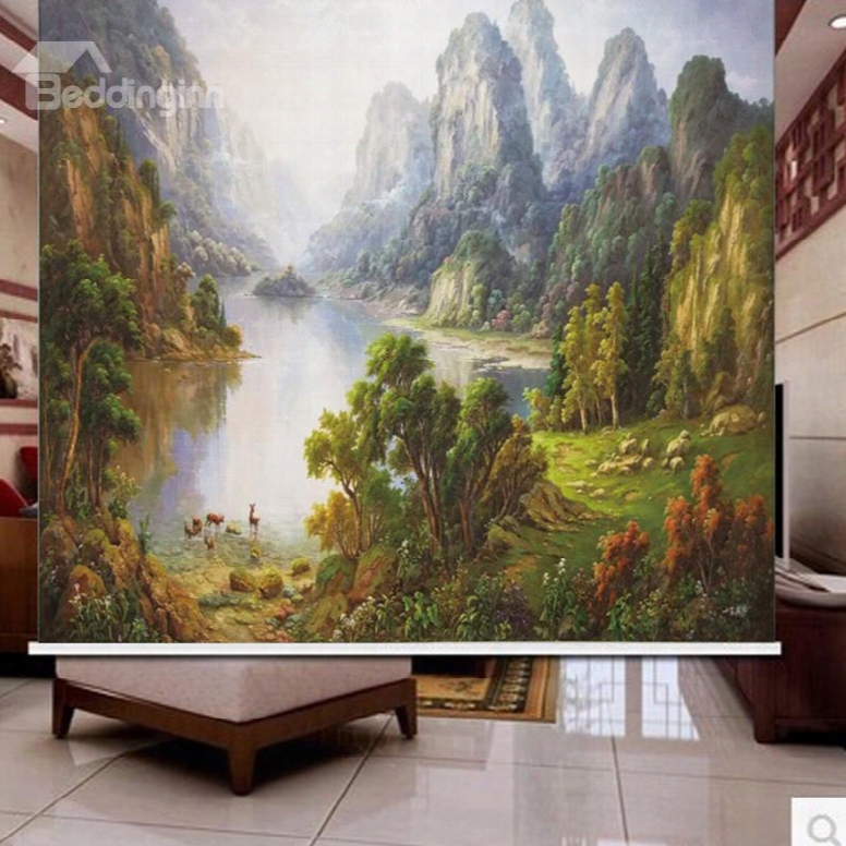 3d Mountains And Rivers With Green Trees Printed Scenery Style Decoration Curtain Roller Shade