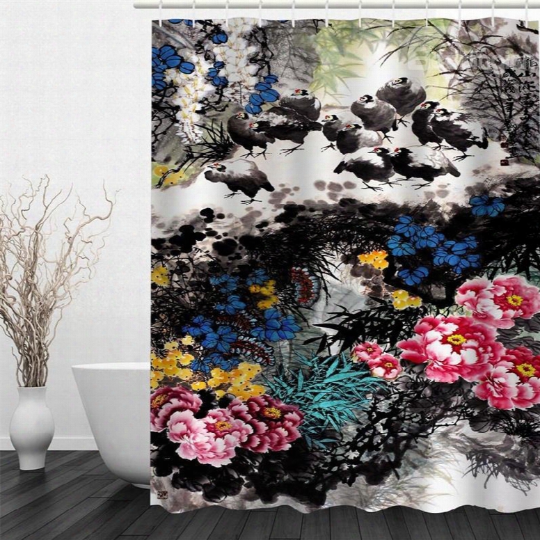 3d Peonies And Chickens Pattern Polyester Waterproof And Eco-friendly Shower Curtain