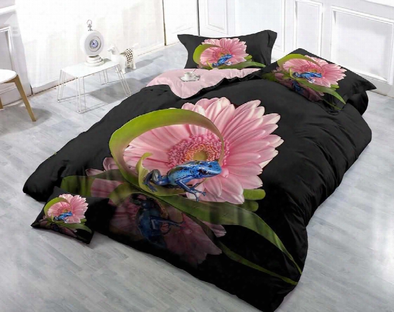 3d Pink Daisy And Blue Frog Printed Luxury Cotton 4-piece Bedding Sets