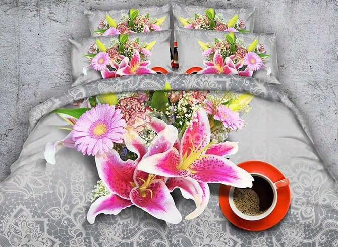 3d Pink Lily And Daisy Printed Cotton 4-piece Bedding Sets/duvet Covers