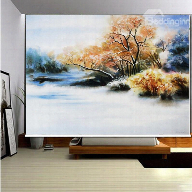 3d Printed Misty Lake And Yellow Trees Water Color Painting Decoration Roller Shades