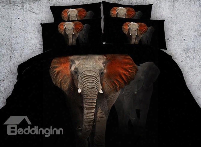 3d Red Ears Elephant Printed Cotton 4-piece Black Bedding Sets/duvet Covers