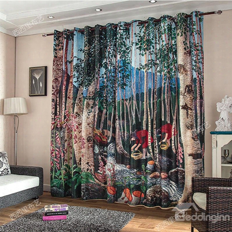 3d Smalll Girl With Basket And Old Trees Printed Comic Style Polyester Decorative Curtain