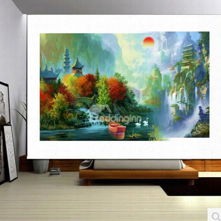 3d Towers And Small River With Ducks Printed Oil Painting Polyester Blackout Curttain