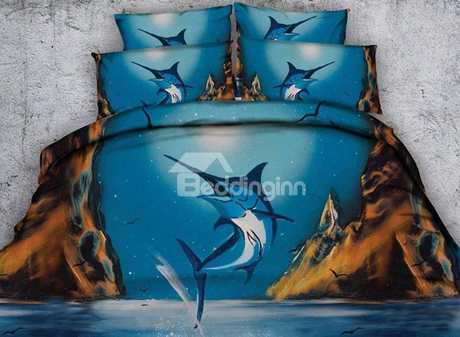 3d Tuna At Bay Printed Blue 4-piece Bedding Sets/duvet Covers