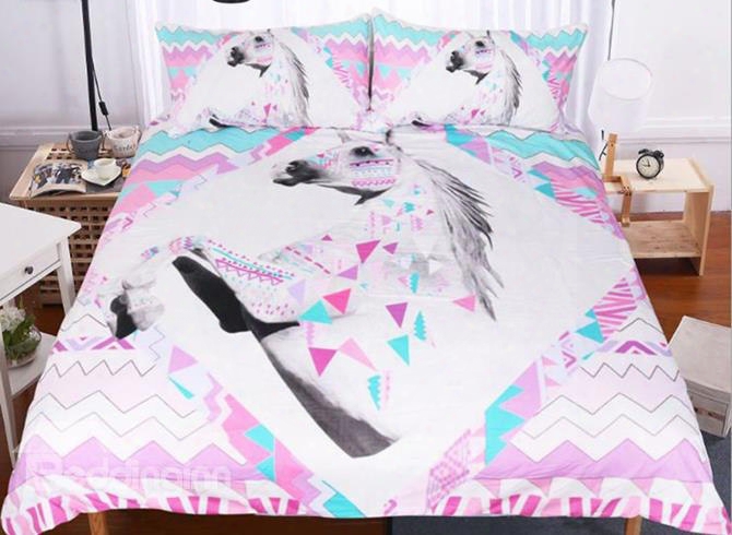 3d Unicorn And Geometric Pattern Printed Polyester 3-piece Bedding Sets/duvet Covers