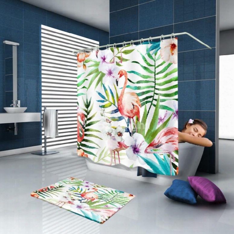 3d Waterproof Flamingo And Plants Printed Polyester Shower Curtain