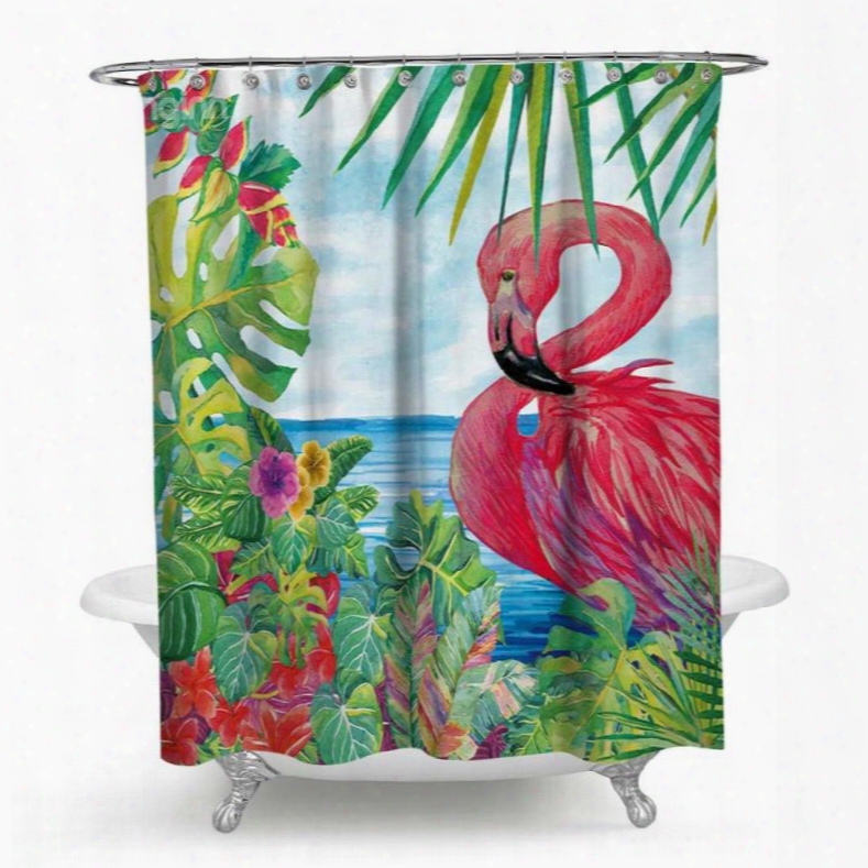 3d Waterproof Flamingo And Tropical Plants Printed Polyester Shower Curtain