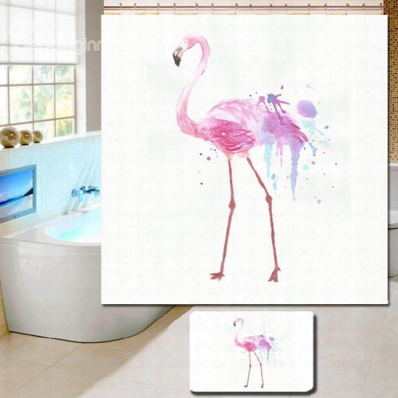 3d Waterproof Pink Walking Flamingo Printed Polyester Shower Curtain