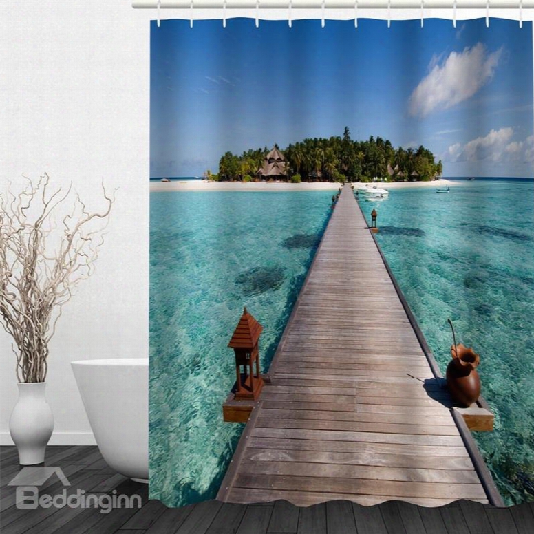 3d Wooden Bridge Over Green Sea Polyester Waterproof And Eco-fri Endly Shower Curtain