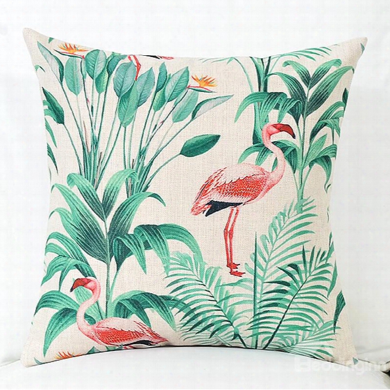 A Flamingo With Green Tropical Plants Pattern Linen Throw Pillow