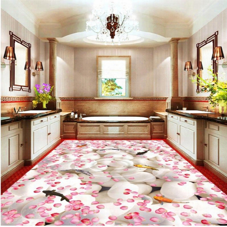 Amusing Romantic Pink Flower Petals And Fishes In The Water Waterproof 3d Floor Murals