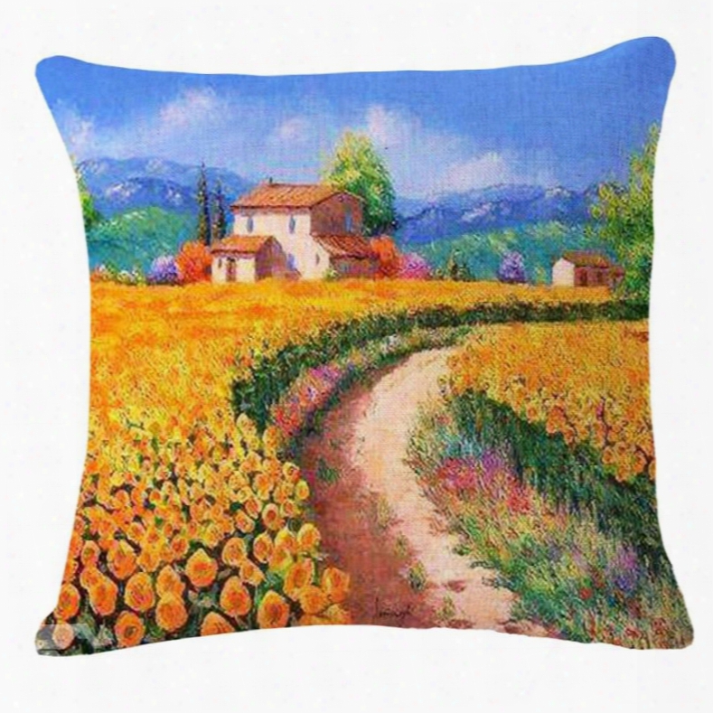 Beautiful Sunflower Field And Cottage Print Throw Pillow