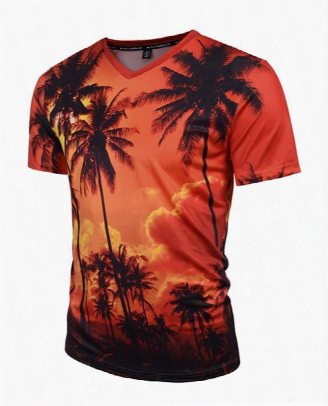 Beautiful V Neck Coconut Trees Pattern 3d Painted T-shirt