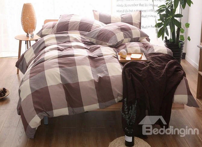 Big Coffee Plaid Print Cotton 4-piece Bedding Sets/duvet Cover