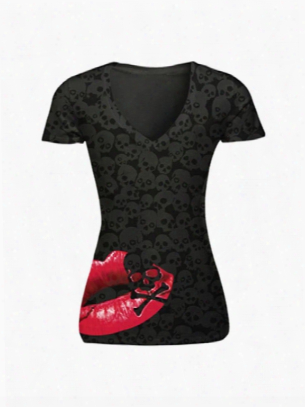 Black Big Red Mouuth Printing Polyester V-neck Female 3d T-shirts