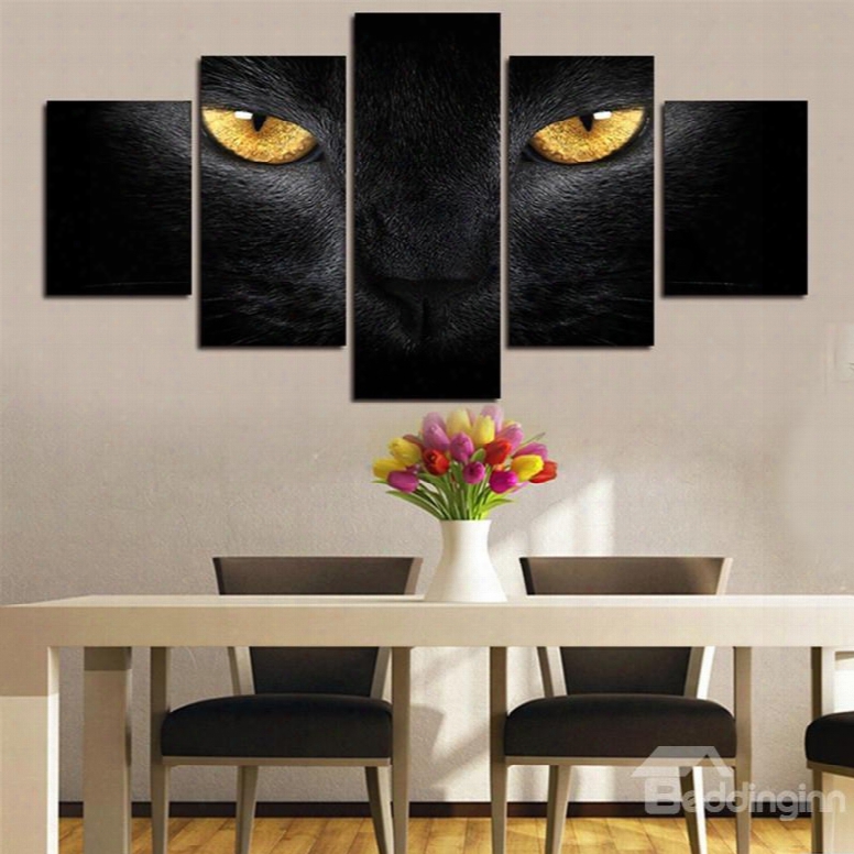 Black Cat With Yellow Eyes Hanging 5-piece Canvas Non-framed Wall Prrints