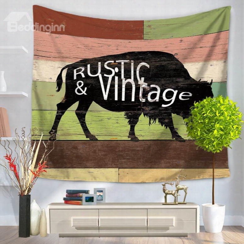 Black Cow With Rustic And Vintage Letters Stripes Decorative Hanging Wall Tapestry