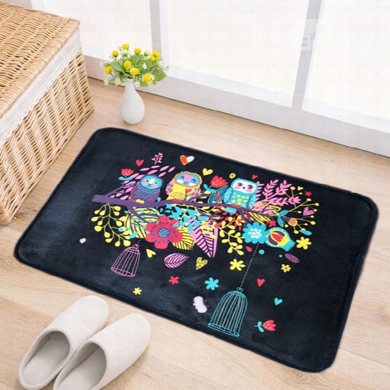 Black Rectangle Polyester Owl Standing On The Branch Pattern Water Absorption Doormat