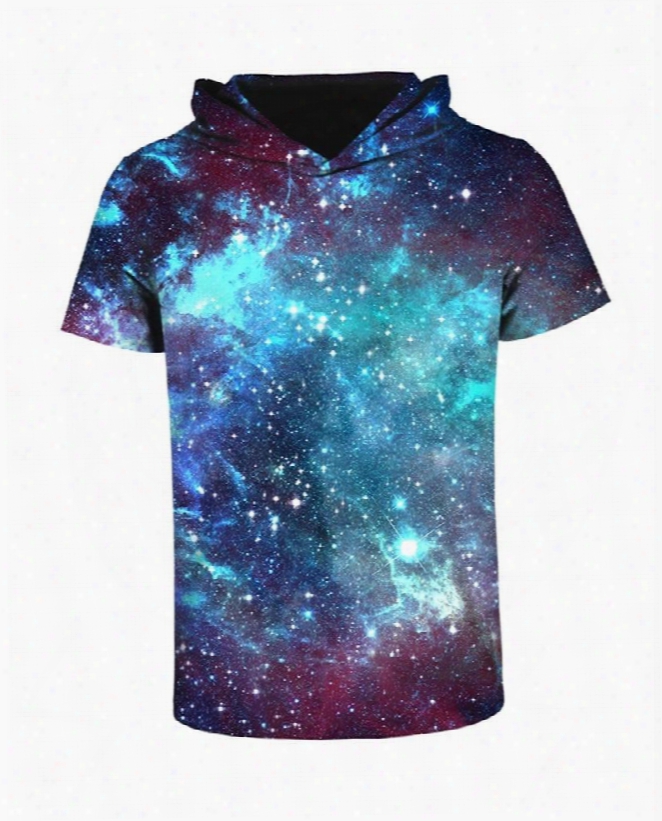 Blue Green Galaxy Comfortable Round Neck 3d Short Sleeve For Men Hooded T-shirt