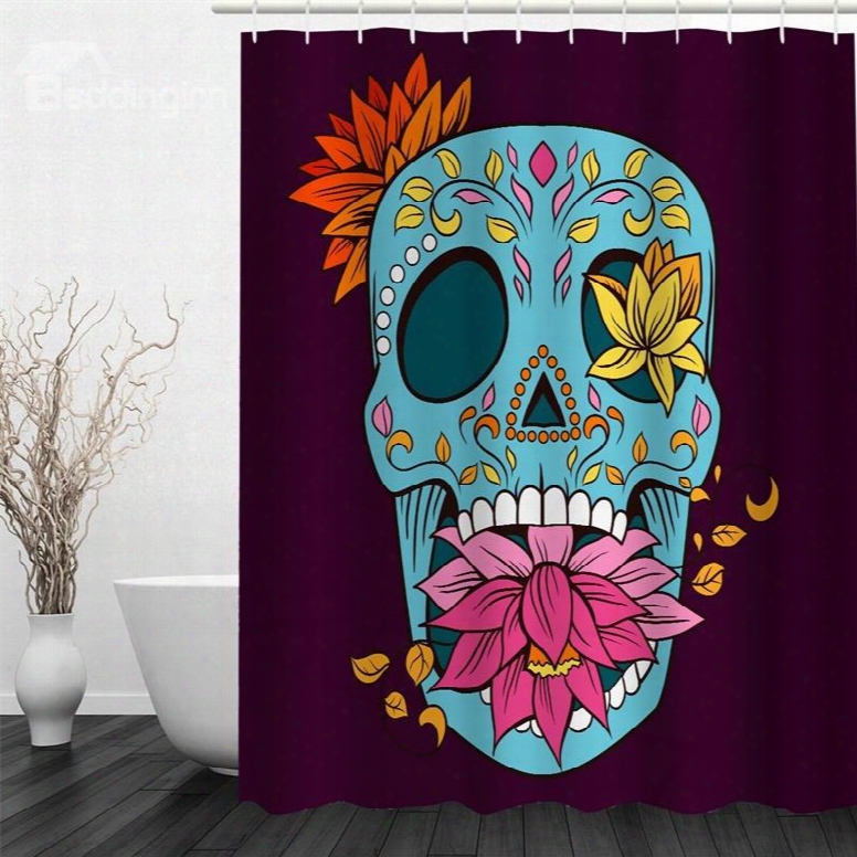 Blue Skull With Plants Polyester Waterproof And Eco-friendly 3d Shower Curtain
