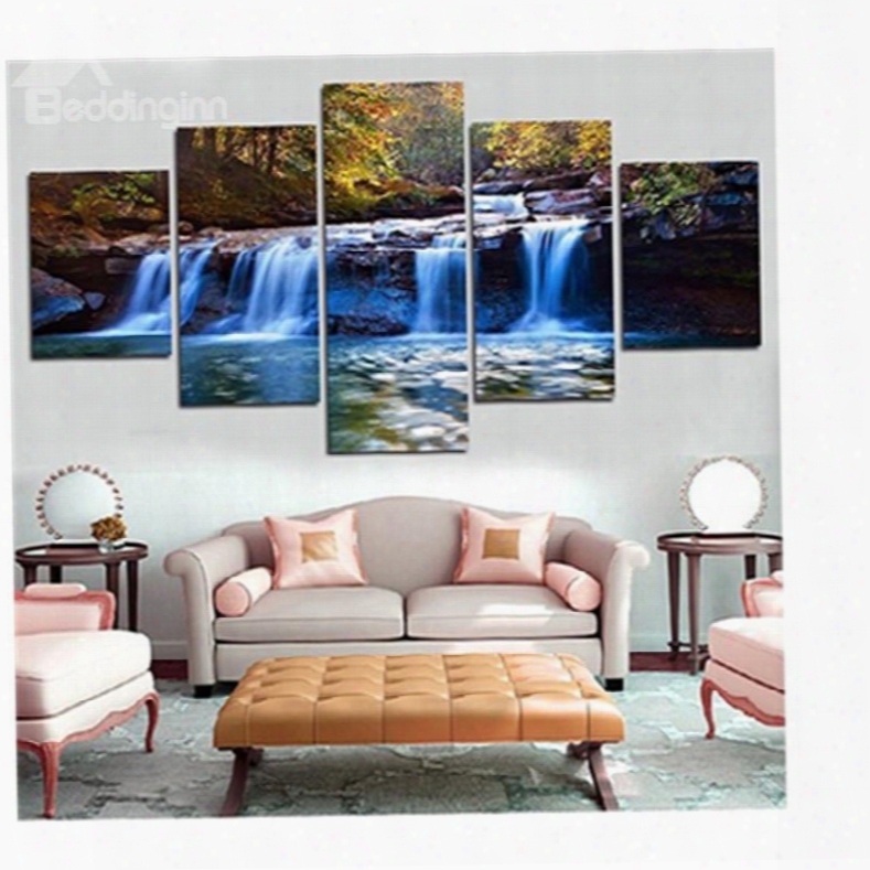 Blue Waterfall Surrounded By Trees Hanging 5-piece Canvas Non-framed Wall Prints