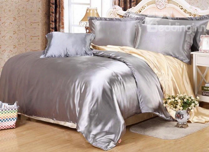Bright Silver And Yellow Color Blocking  Luxury Silky 4-piece Bedding Sets