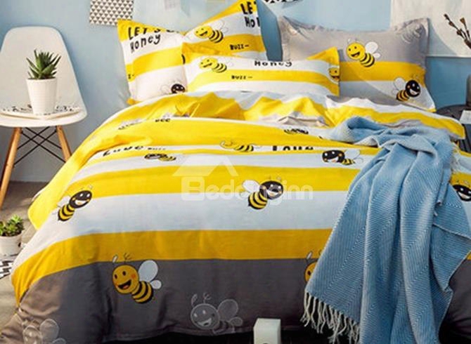 Bright Yellow Bees Print 4-piece Cotton Duvet Cover Sets