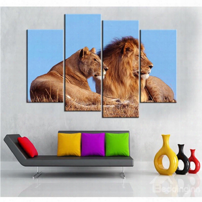 Brown Lions Hanging 4-piece Canvas Waterproof And Eco-friendly Non-framed Prints