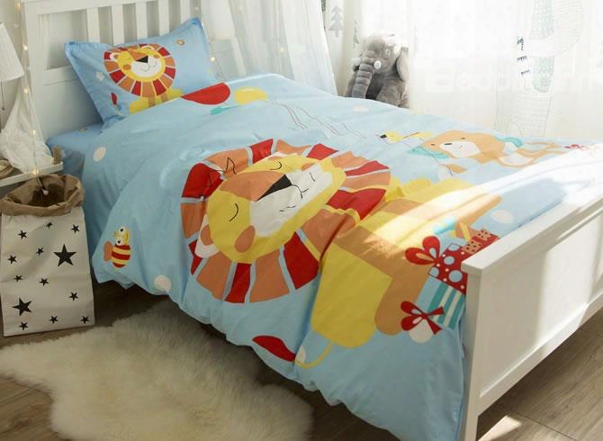 Cartoon Lion Printed Cotton 3-piece Light Blue Duvet Covers/bedding Sets