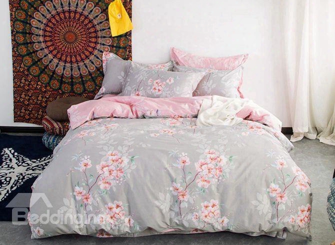 Chic Pink Blooms Print 4-piece Cotton Duvet Cover Sets